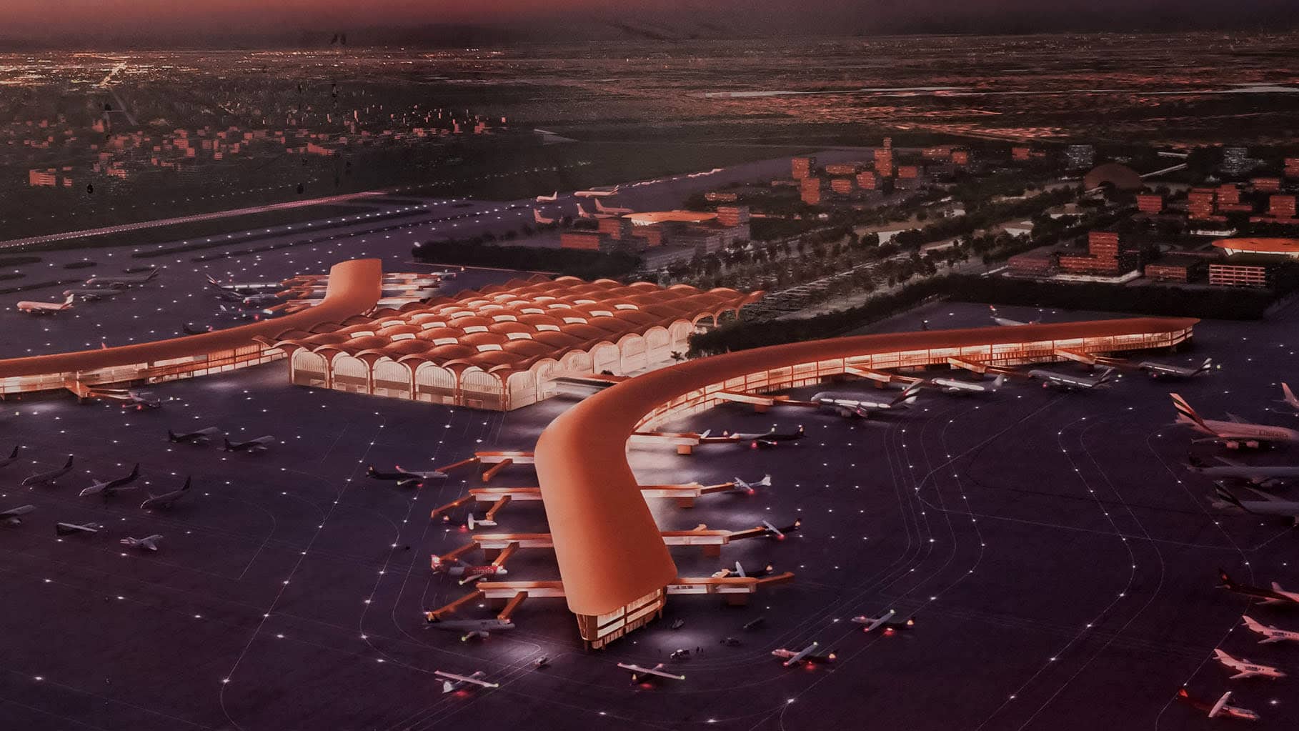 An illustration of Phnom Penh's planned international airport is displayed at the construction site outside the capital. (Nikkei photo)