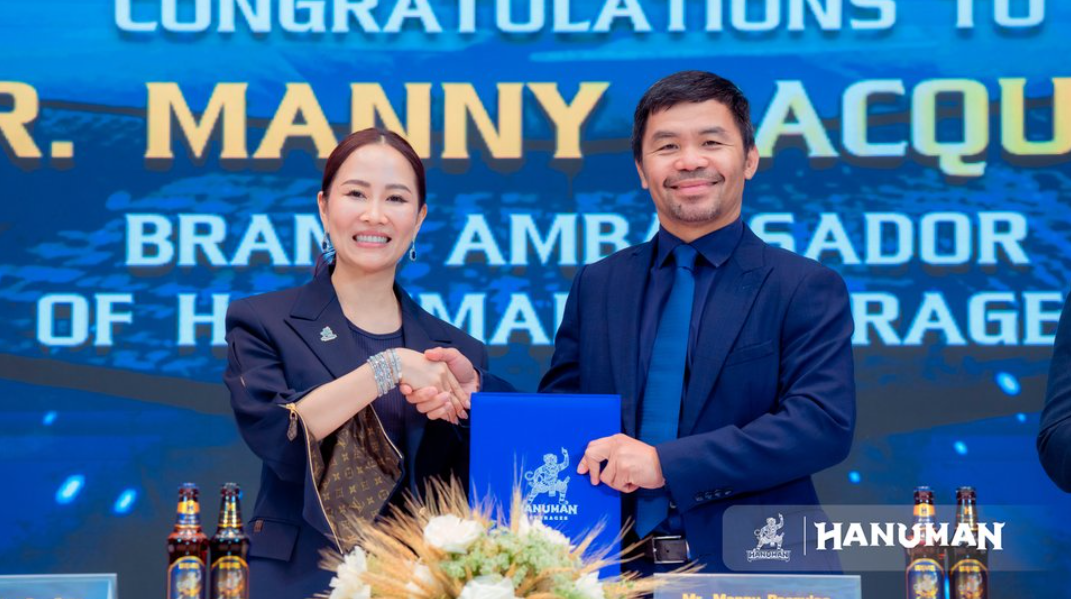 Lok Chumteav Khieu Sarsileap, Founder and Chairwoman of Hanuman Beverages, shook hands with Mr. Manny Pacquiao