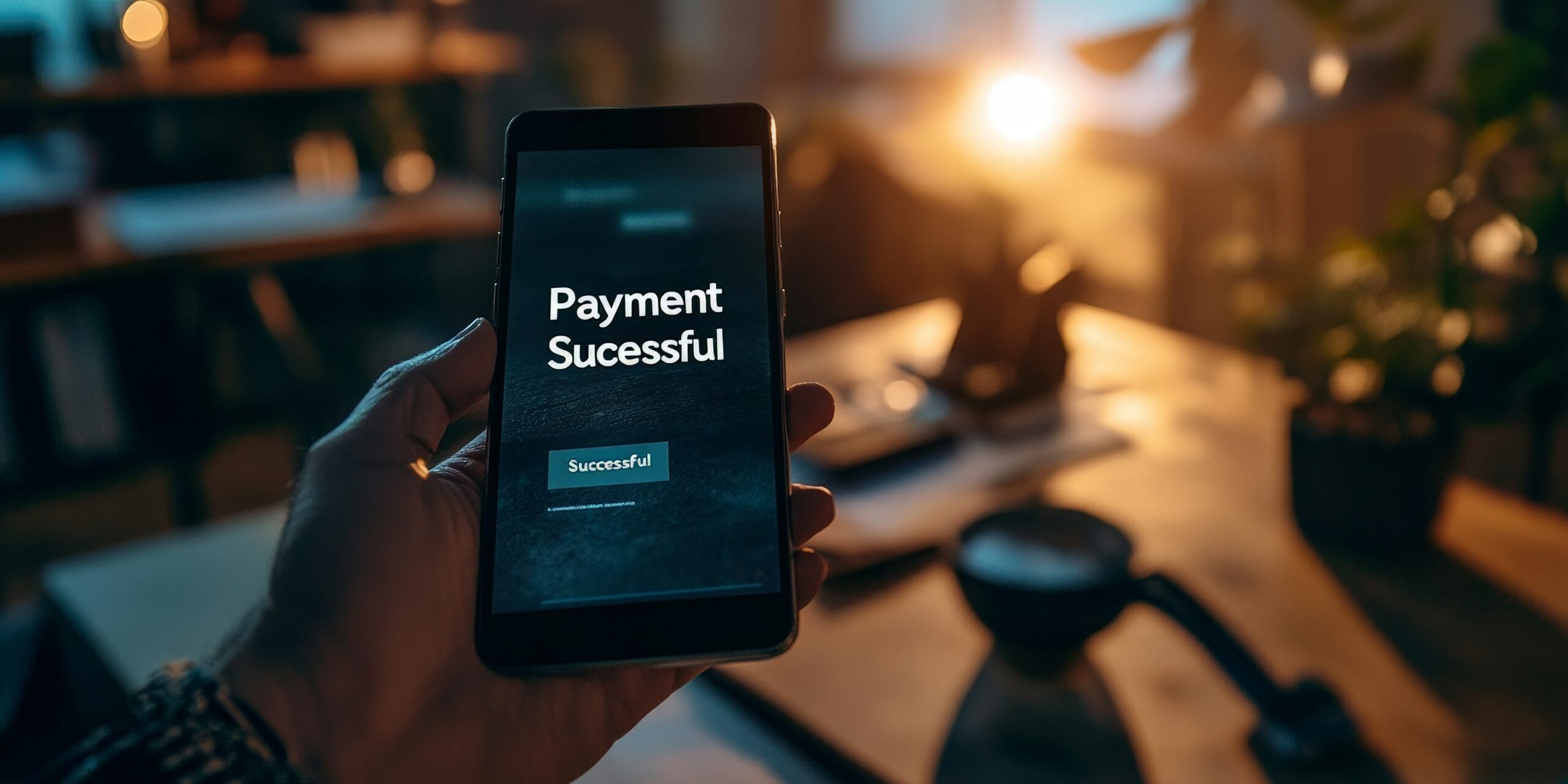 A hand holding a smartphone displaying "Payment Successful" on the screen, set against a modern office workspace, symbolizing seamless and efficient online transactions in a professional environment.