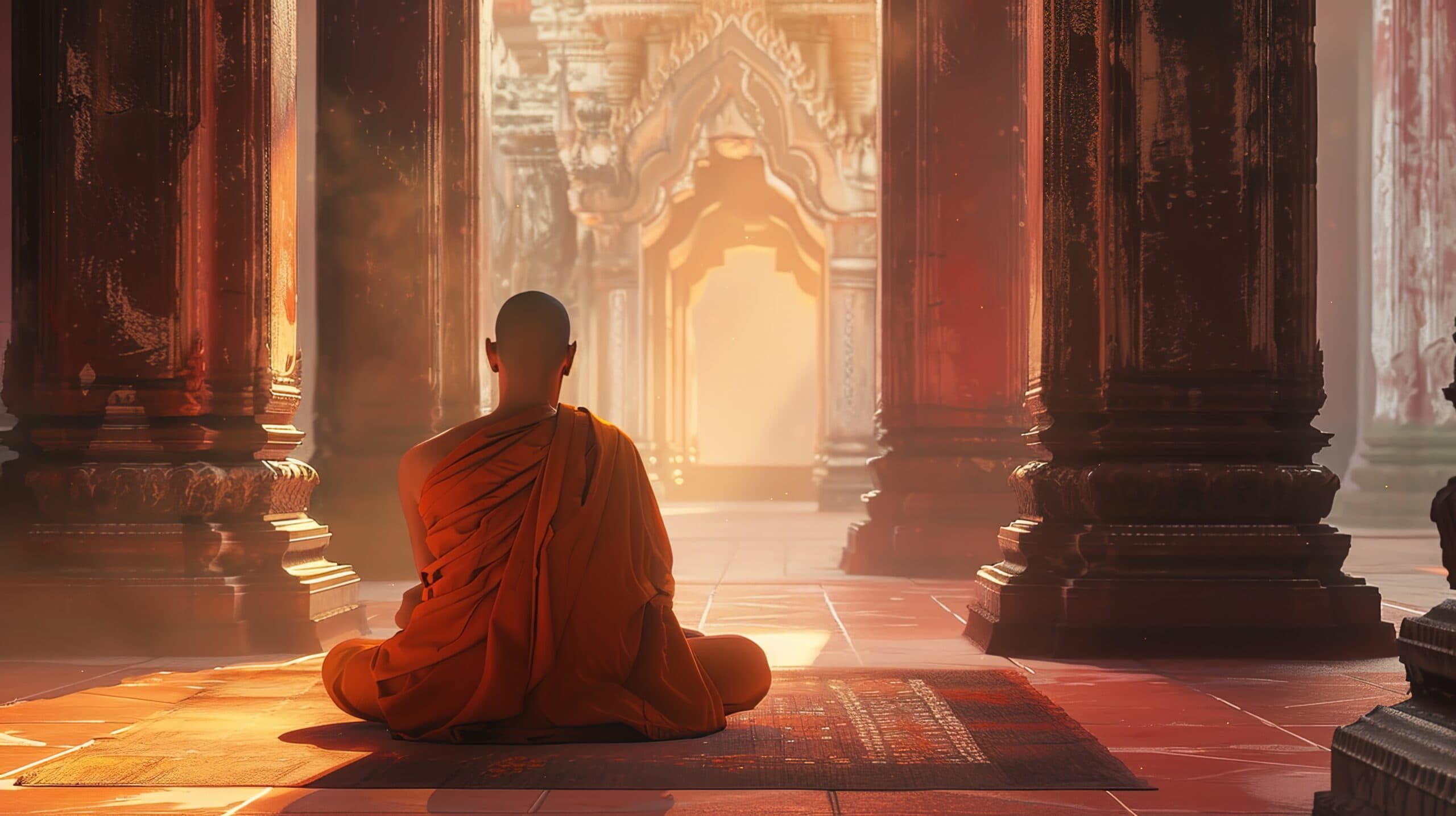 Buddhist Monk Meditating in a Temple