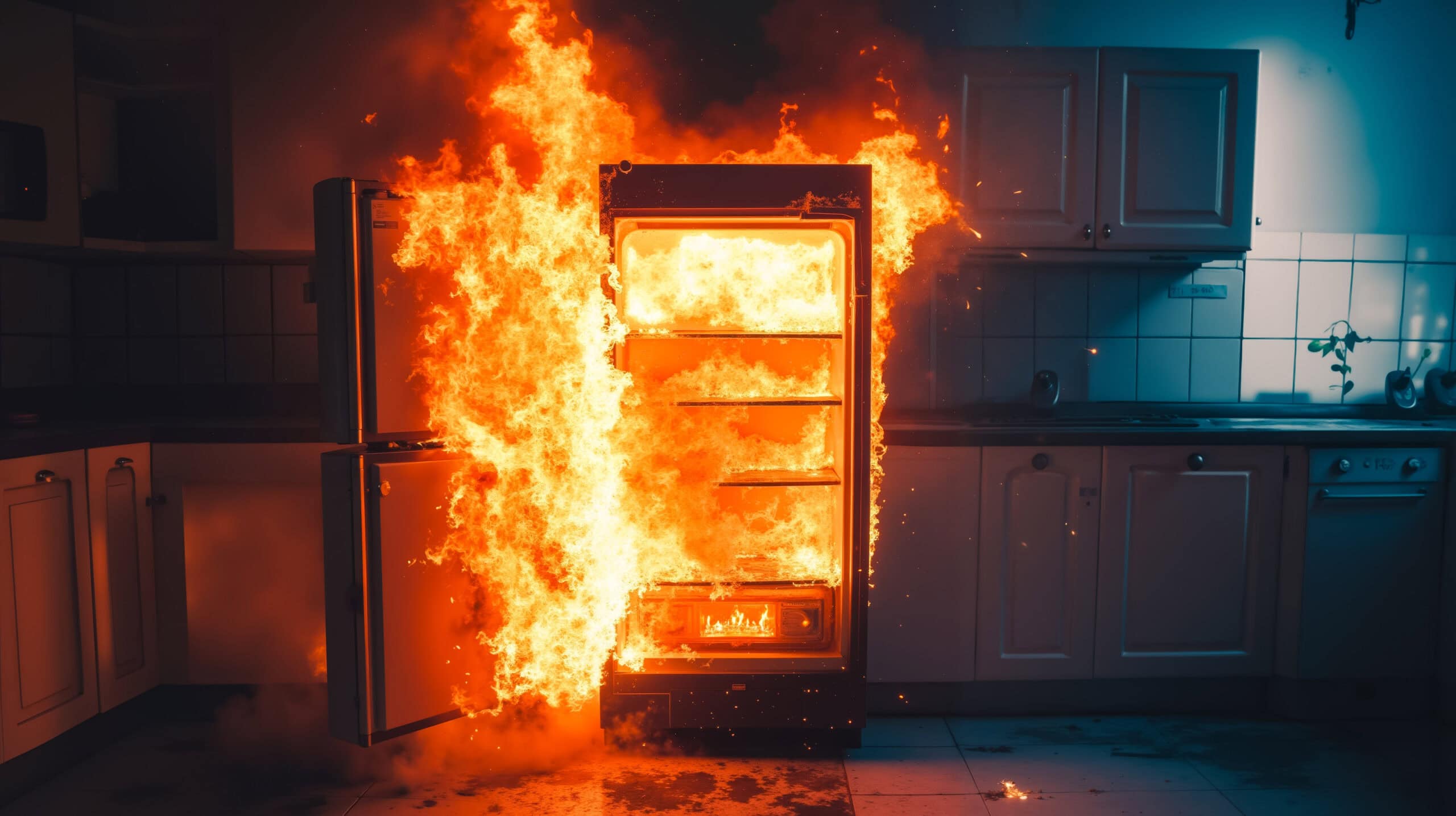A burning refrigerator in a kitchen with a fire coming out of it