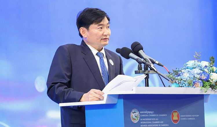 Minister of Labour and Vocational Training Heng Sour speaks at the Cambodia-Asean Business Summit 2025 held recently at the Sofitel Phnom Penh Phokeethra in the capital. MLVT